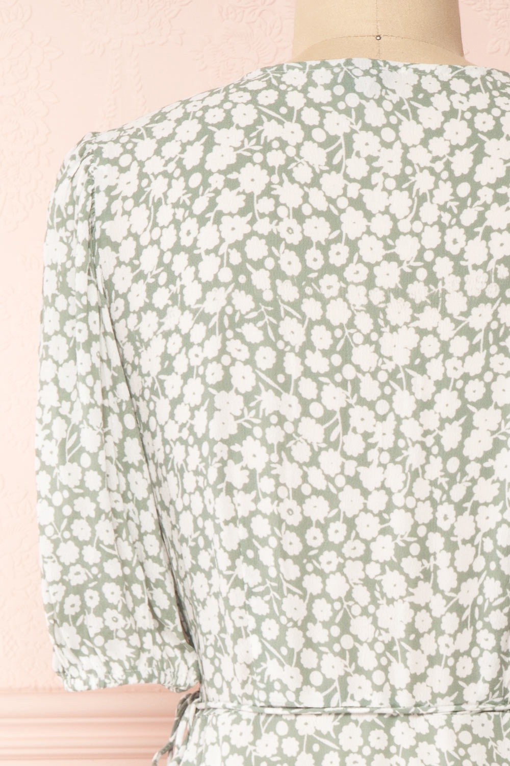 Indra Light Green Floral A-Line Wrap Dress | Boutique 1861 back close-up