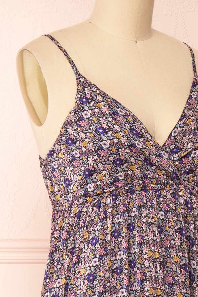 Ingifinna Black Floral Wrap Neck Maxi Dress | Boutique 1861 side close-up