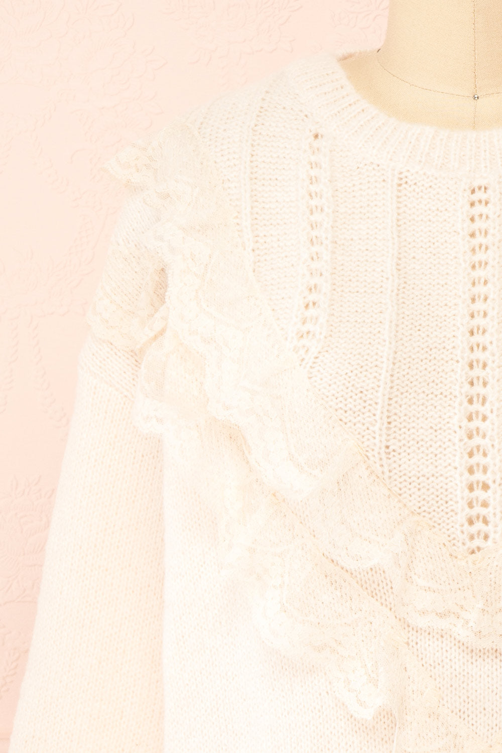Ingrid Beige Knit Sweater w/ Ruffled Lace| Boutique 1861 front close-up