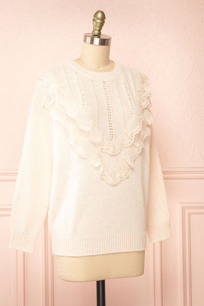 Ingrid Beige Knit Sweater w/ Ruffled Lace| Boutique 1861 side view