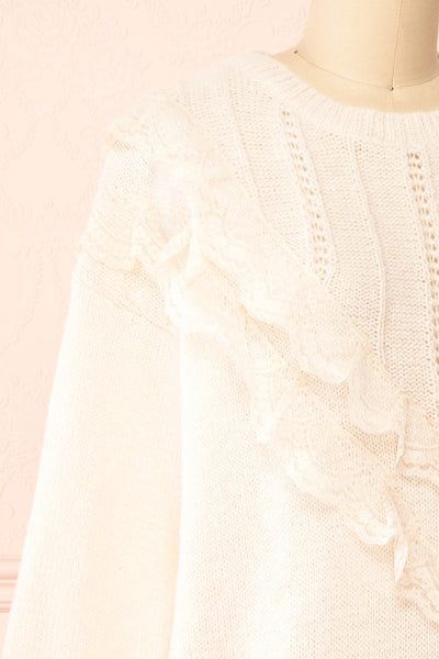 Ingrid Beige Knit Sweater w/ Ruffled Lace| Boutique 1861 side close-up
