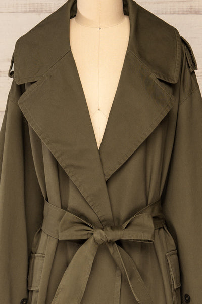 Inverasdale Khaki Oversized Trench Coat | La petite garçonne  front close-up