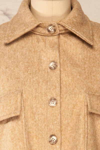Iris Sand Oversized Shirt Jacket | La petite garçonne front close-up