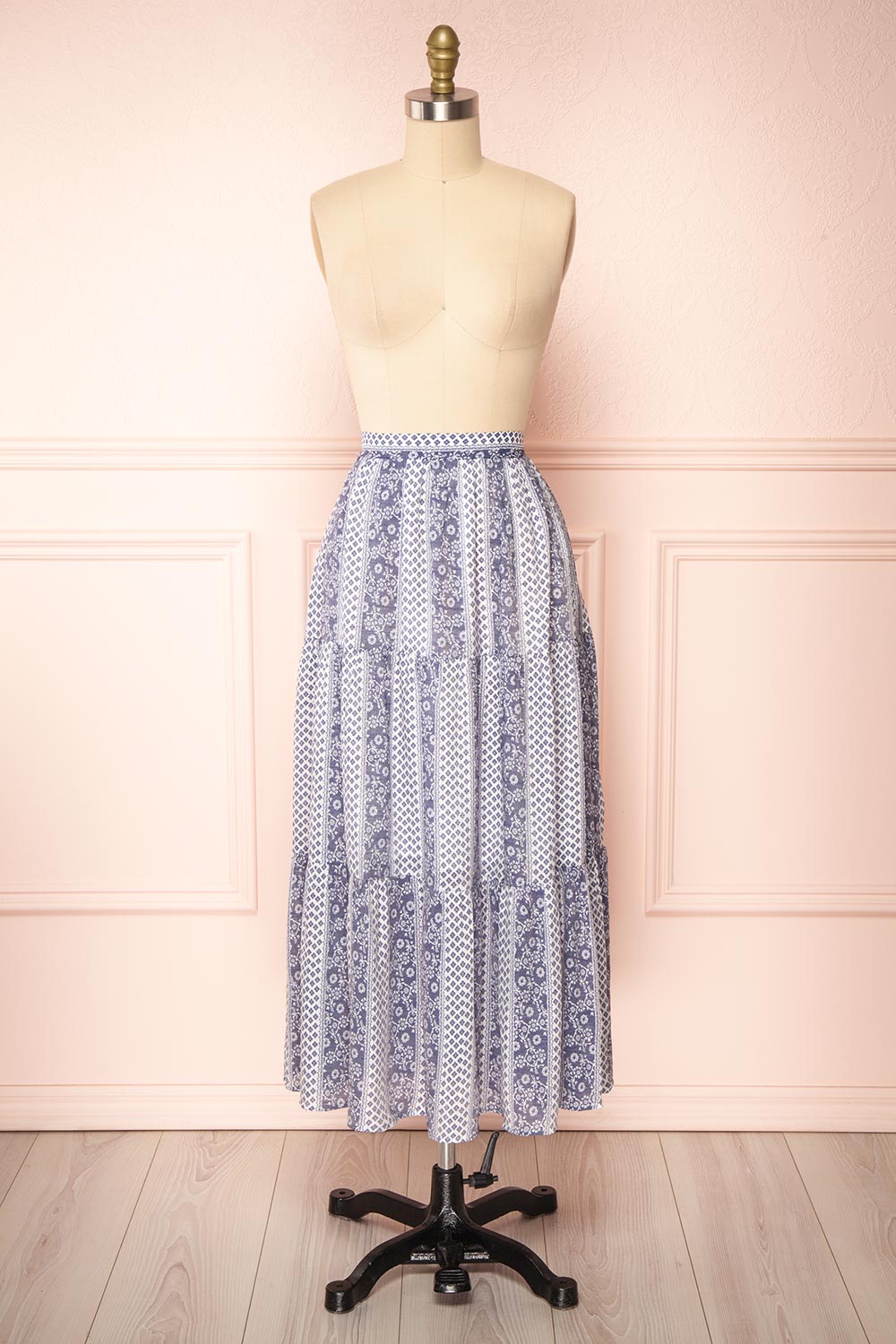 Irmette Blue Patterned Tiered Midi Skirt | Boutique 1861 front view 