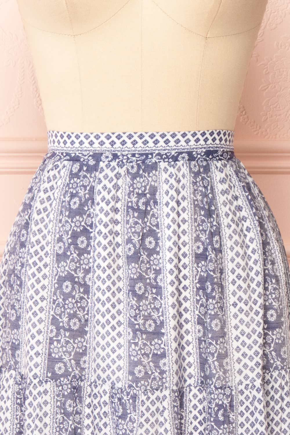 Irmette Blue Patterned Tiered Midi Skirt | Boutique 1861 front close-up