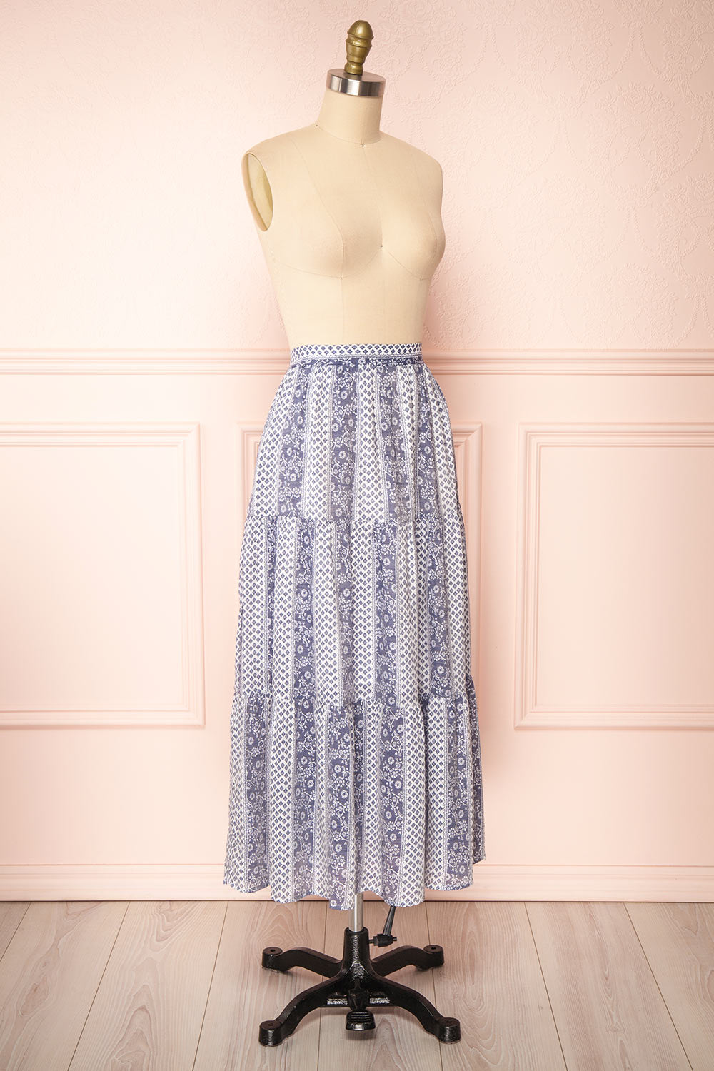 Irmette Blue Patterned Tiered Midi Skirt | Boutique 1861 side view 