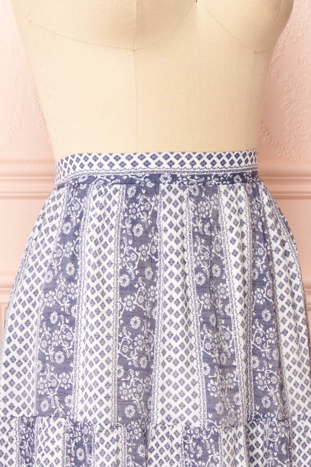 Irmette Blue Patterned Tiered Midi Skirt | Boutique 1861 side close-up