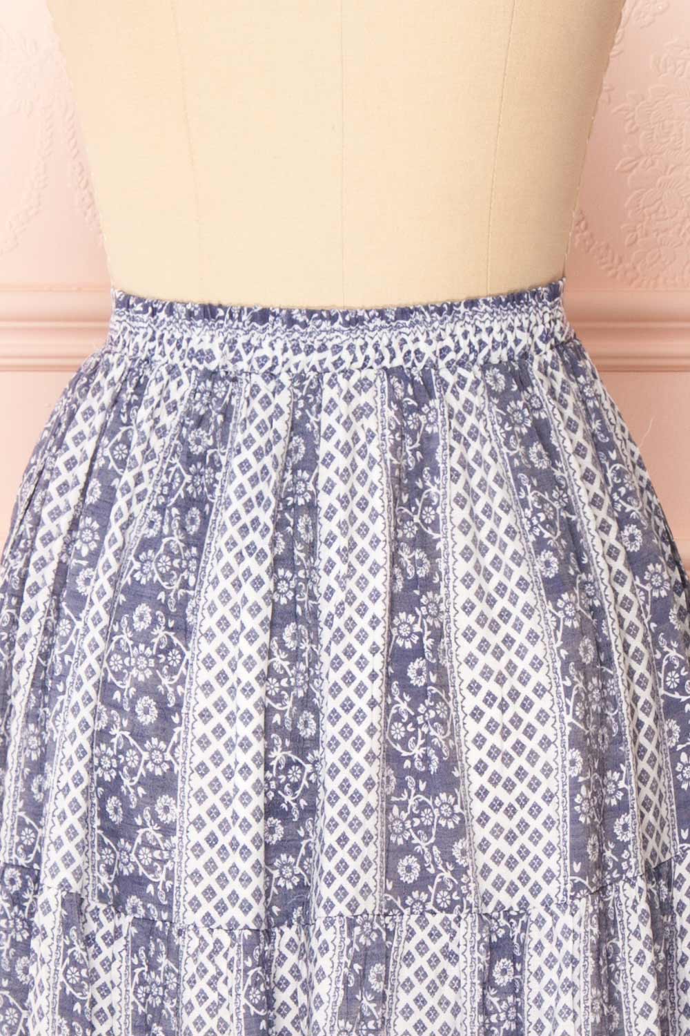 Irmette Blue Patterned Tiered Midi Skirt | Boutique 1861 back close-up