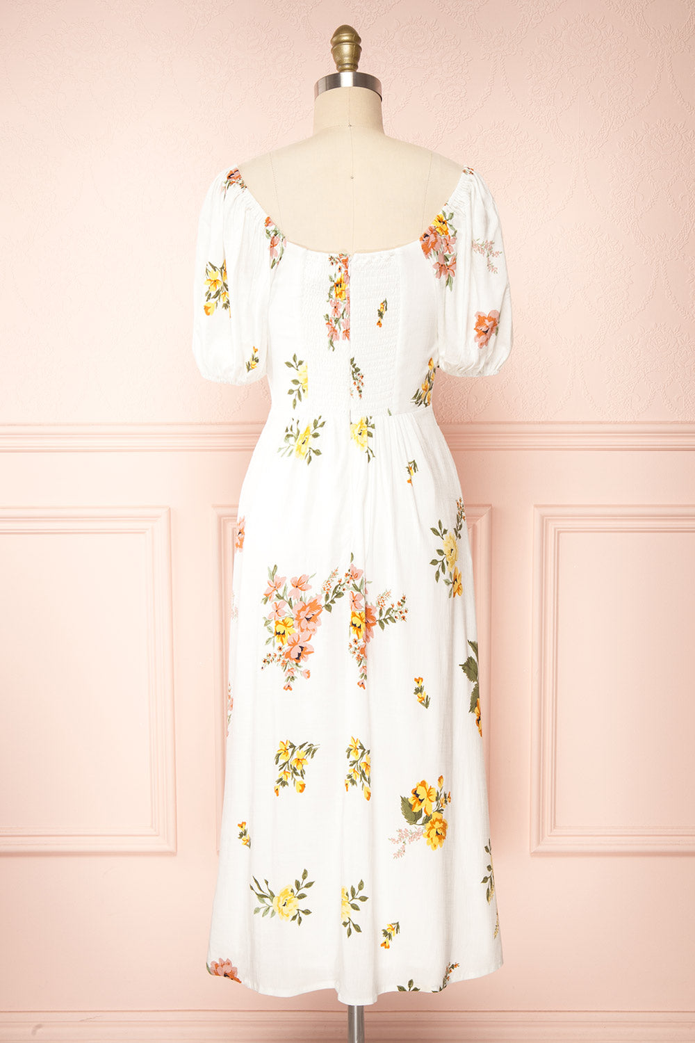 Iseul Floral Midi Dress w/ Puffy Sleeves | Boutique 1861 back view