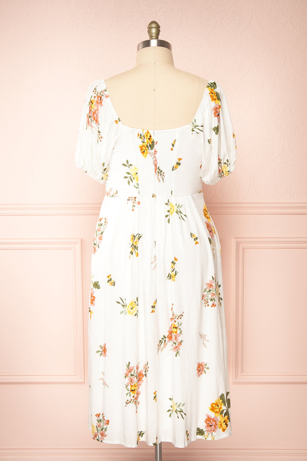 Iseul Floral Midi Dress w/ Puffy Sleeves | Boutique 1861 back plus size