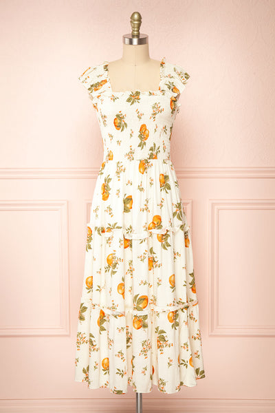 Islanda Midi Dress w/ Orange Blossom Print | Boutique 1861 front view