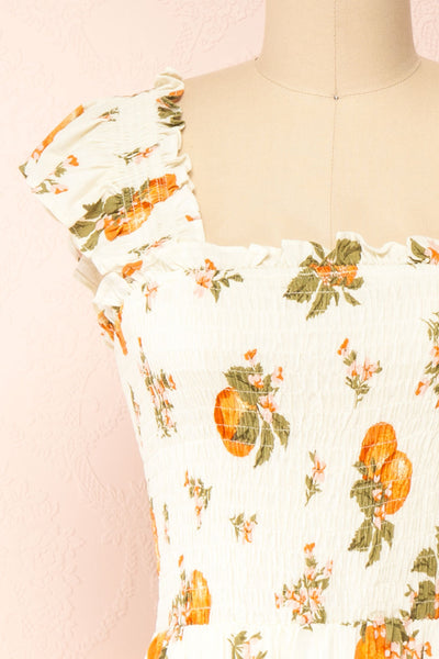Islanda Midi Dress w/ Orange Blossom Print | Boutique 1861 front close-up