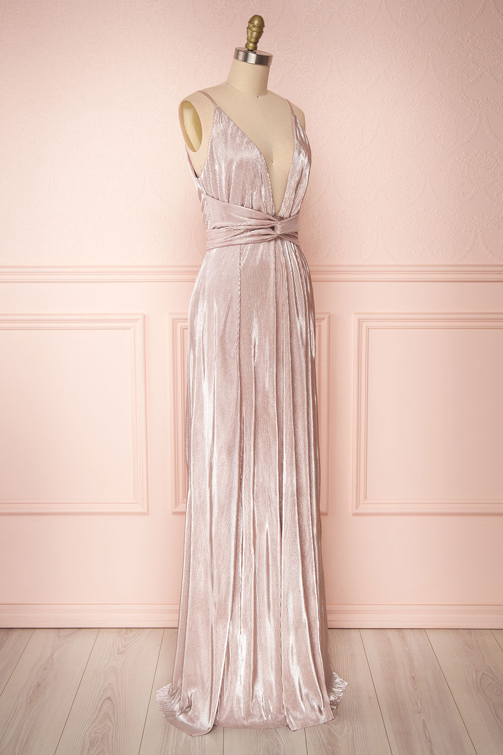 Ismene Lilac Metallic A-Line Gown with High Slits | Boutique 1861 side view 