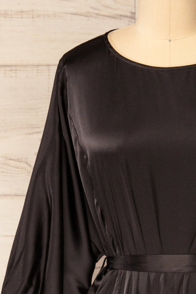 Isobel Black Short Satin Dress with 3/4 Sleeves | La petite garçonne front close-up