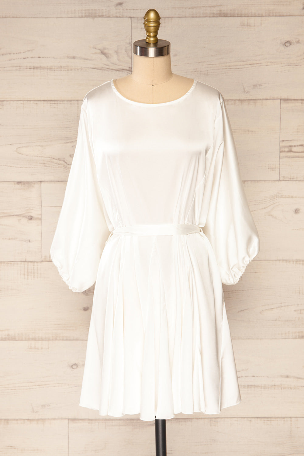 Isobel White Short Satin Dress with 3/4 Sleeves | La petite garçonne front view