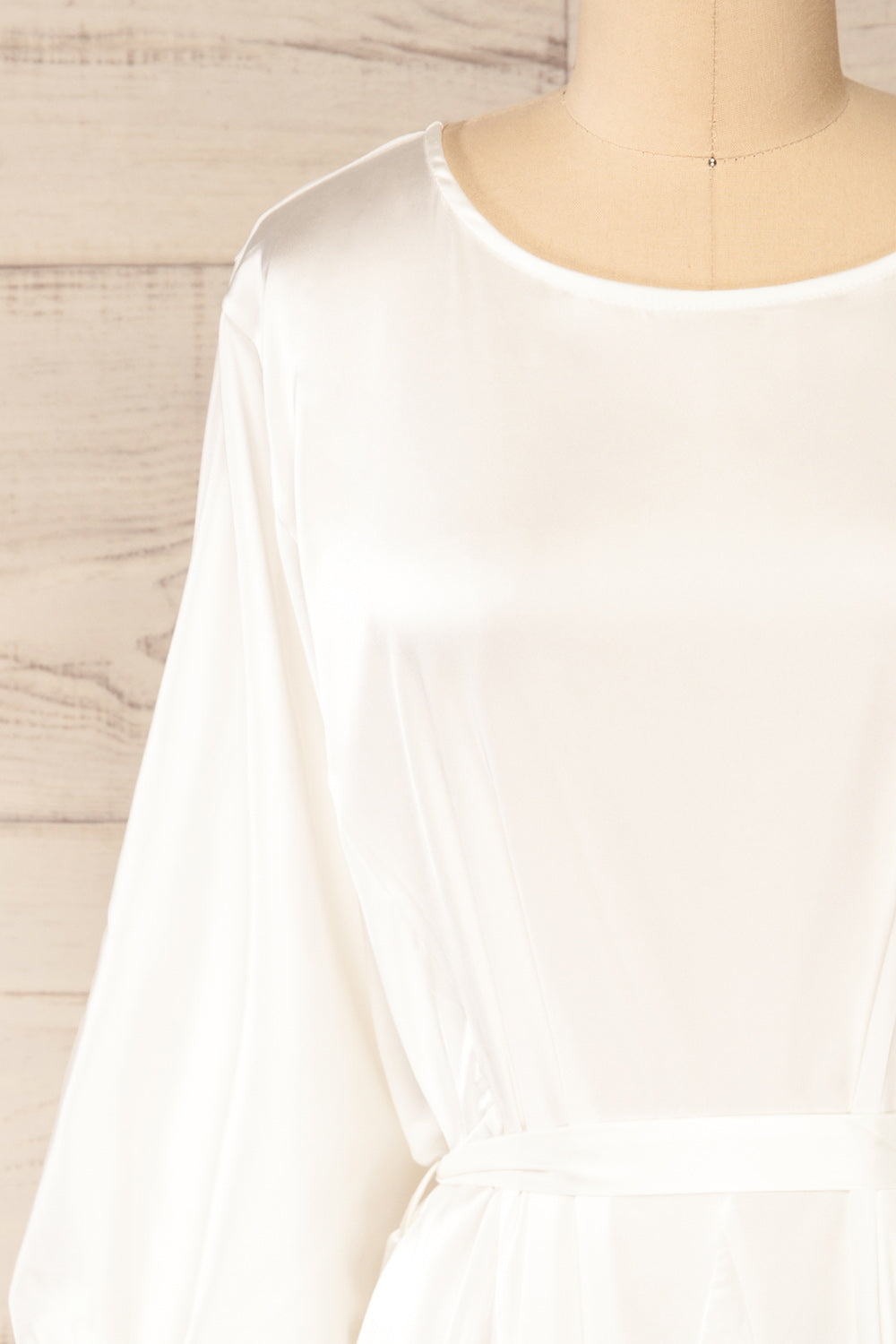 Isobel White Short Satin Dress with 3/4 Sleeves | La petite garçonne front close-up