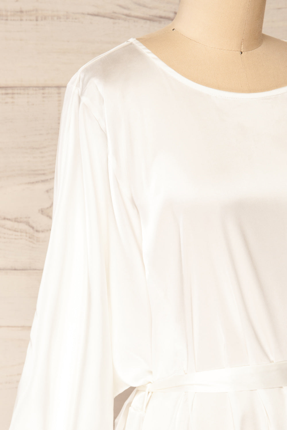 Isobel White Short Satin Dress with 3/4 Sleeves | La petite garçonne side close-up