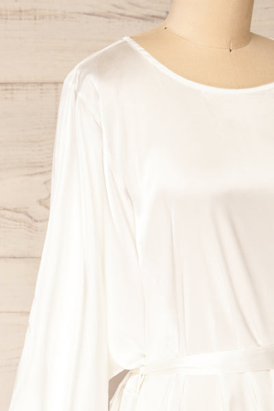 Isobel White Short Satin Dress with 3/4 Sleeves | La petite garçonne side close-up