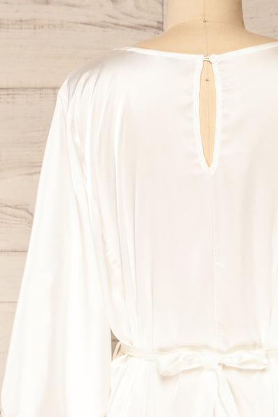 Isobel White Short Satin Dress with 3/4 Sleeves | La petite garçonne back close-up