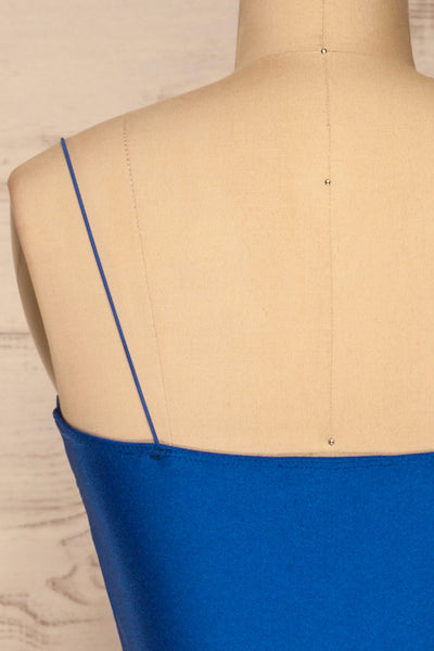 Istra Blue Thin Strap Silky Crop Top | La petite garçonne back close-up
