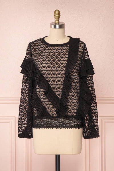 Istus Night Black Lace Blouse with Pleated Ruffles | Boutique 1861