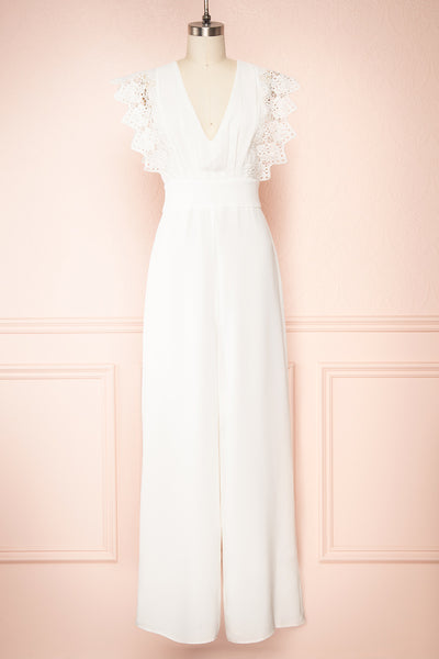 Ivanna White Bridal Jumpsuit w/ Deep V-neck | Boutique 1861 front view