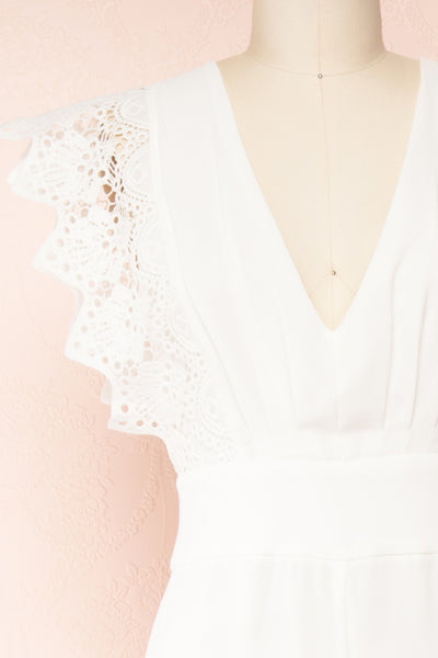 Ivanna White Bridal Jumpsuit w/ Deep V-neck | Boutique 1861 front close-up