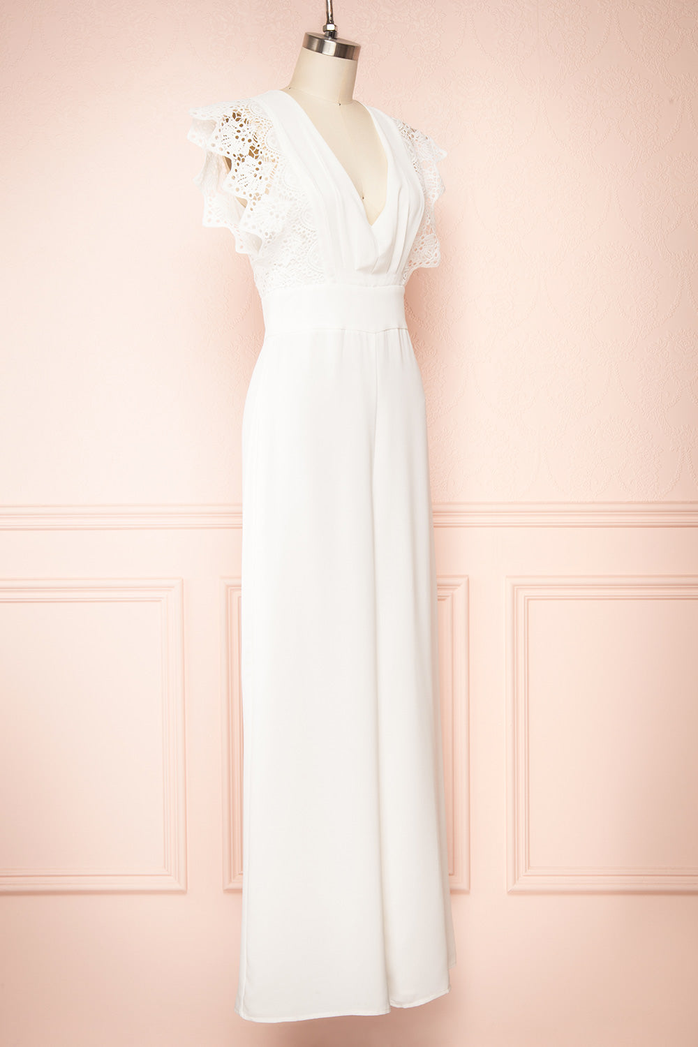 Ivanna White Bridal Jumpsuit w/ Deep V-neck | Boutique 1861 side view