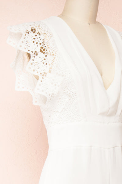 Ivanna White Bridal Jumpsuit w/ Deep V-neck | Boutique 1861 side close-up