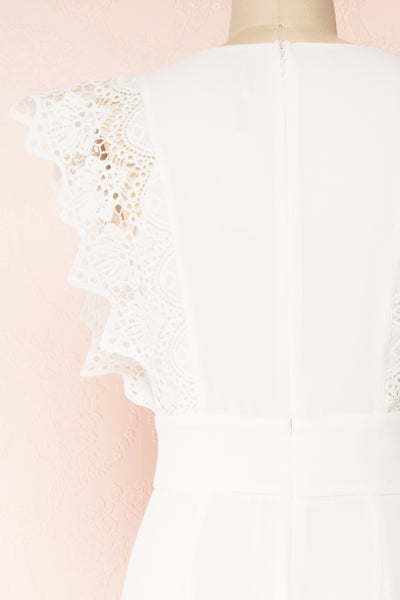 Ivanna White Bridal Jumpsuit w/ Deep V-neck | Boutique 1861 back close-up