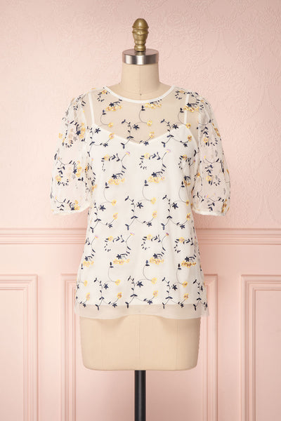 Iwaki Day Cream Embroidered Floral Mesh Top | Boutique 1861
