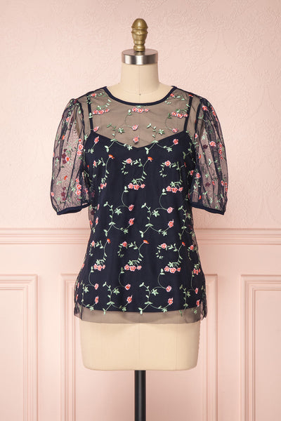 Iwaki Night Black Embroidered Floral Mesh Top | Boutique 1861