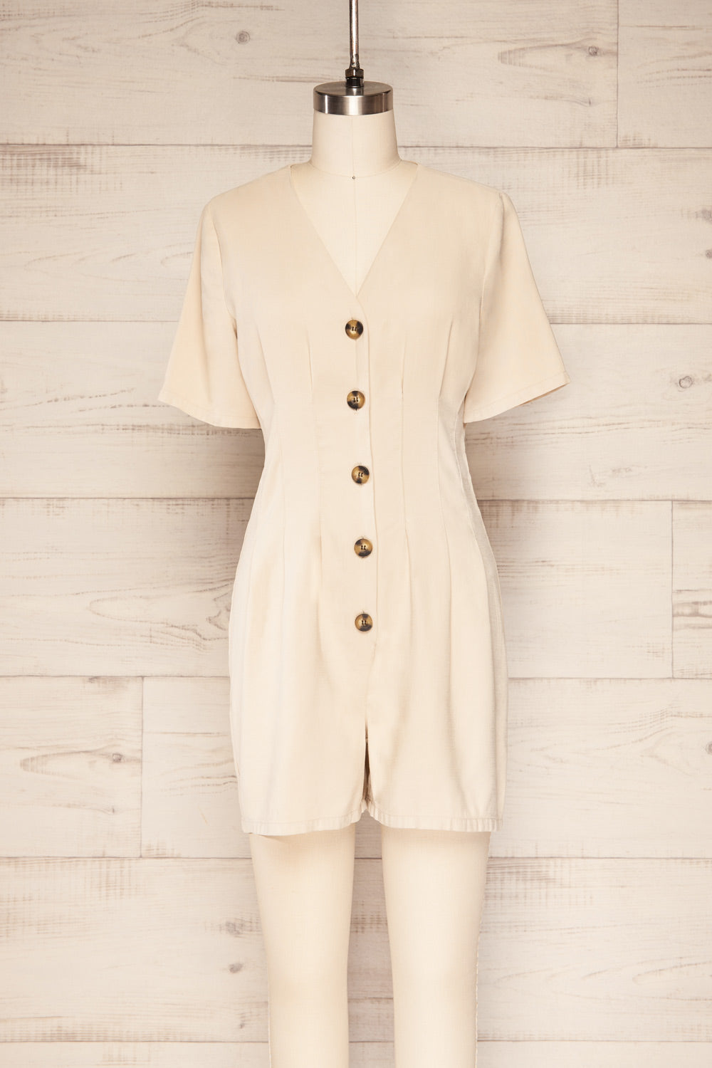 Izola Beige Pleated Button-Up Romper | La petite garçonne front view