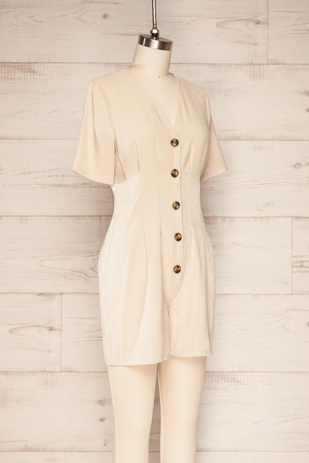 Izola Beige Pleated Button-Up Romper | La petite garçonne side view