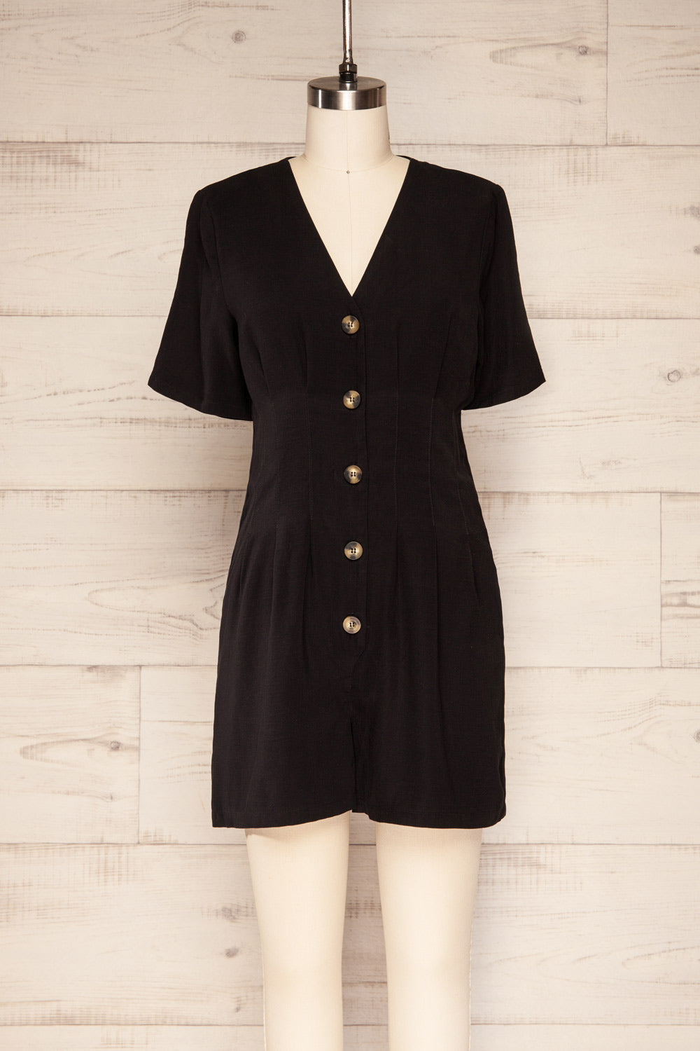 Izola Black Pleated Button-Up Romper | La petite garçonne front view