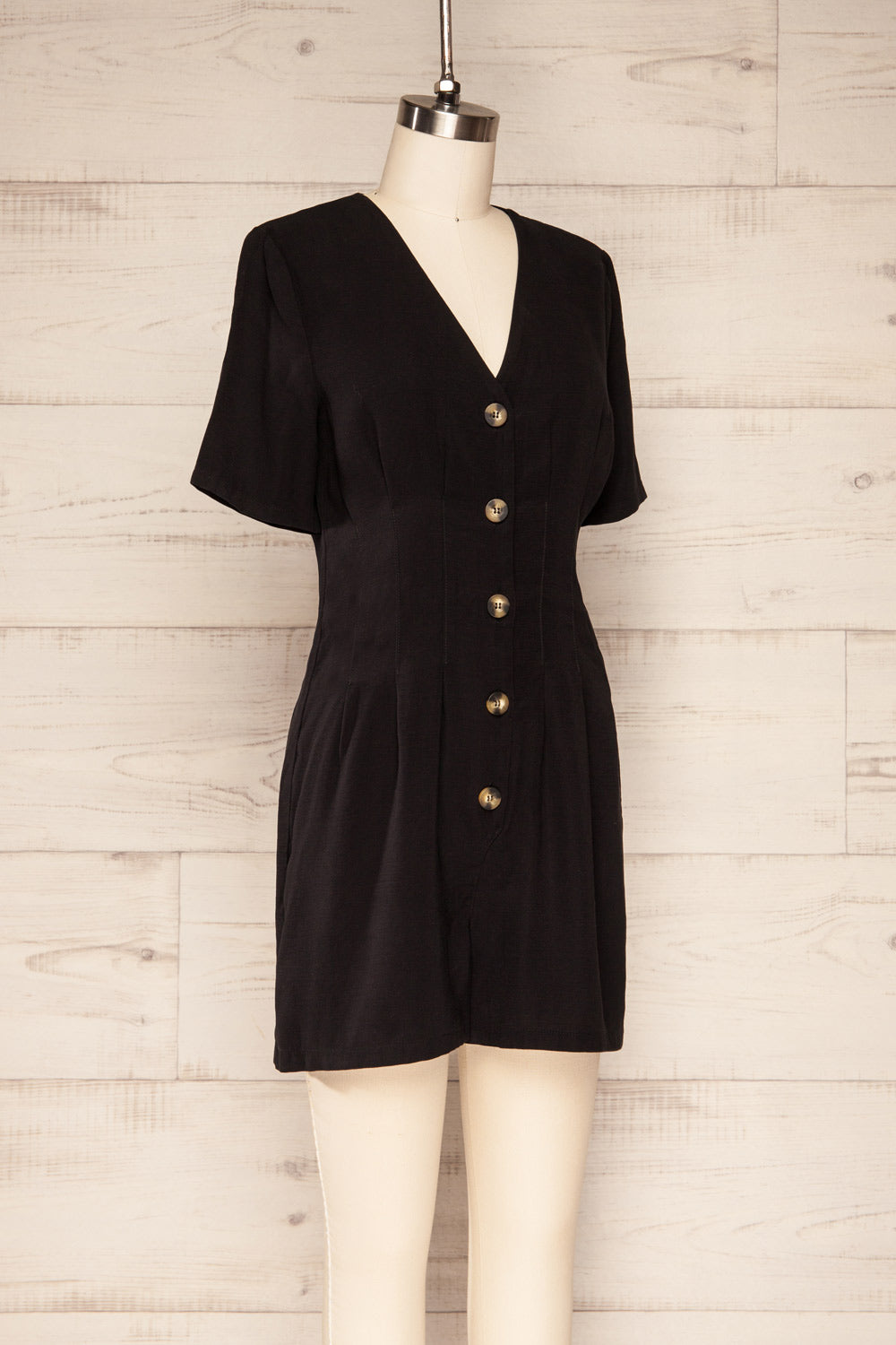 Izola Black Pleated Button-Up Romper | La petite garçonne side view