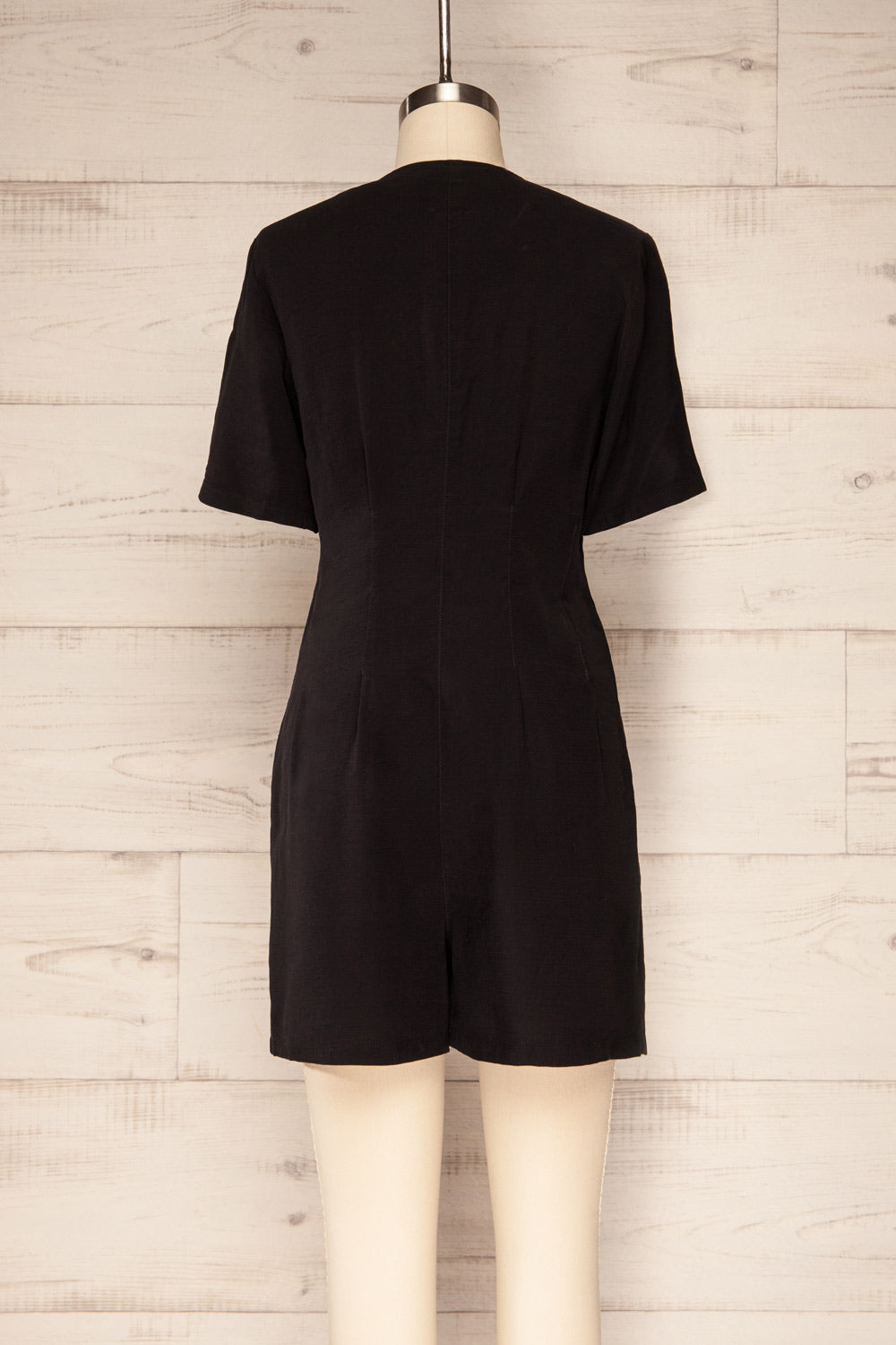 Izola Black Pleated Button-Up Romper | La petite garçonne back view