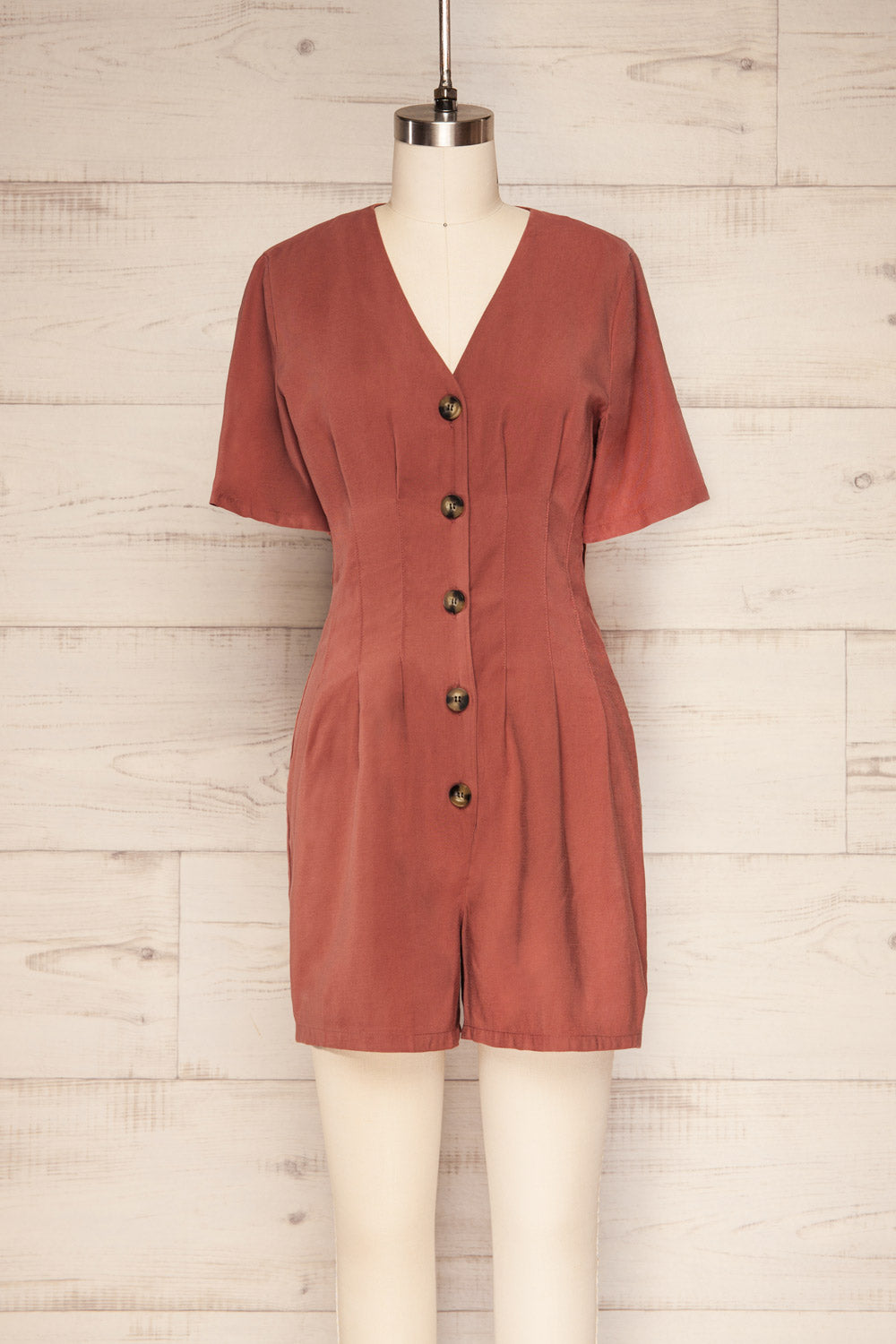 Izola Rust Orange Pleated Button-Up Romper | La petite garçonne front view