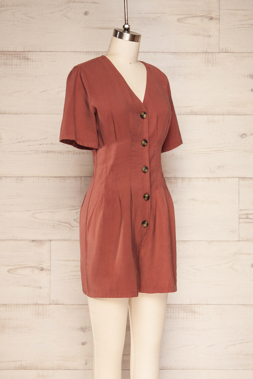 Izola Rust Orange Pleated Button-Up Romper | La petite garçonne side view