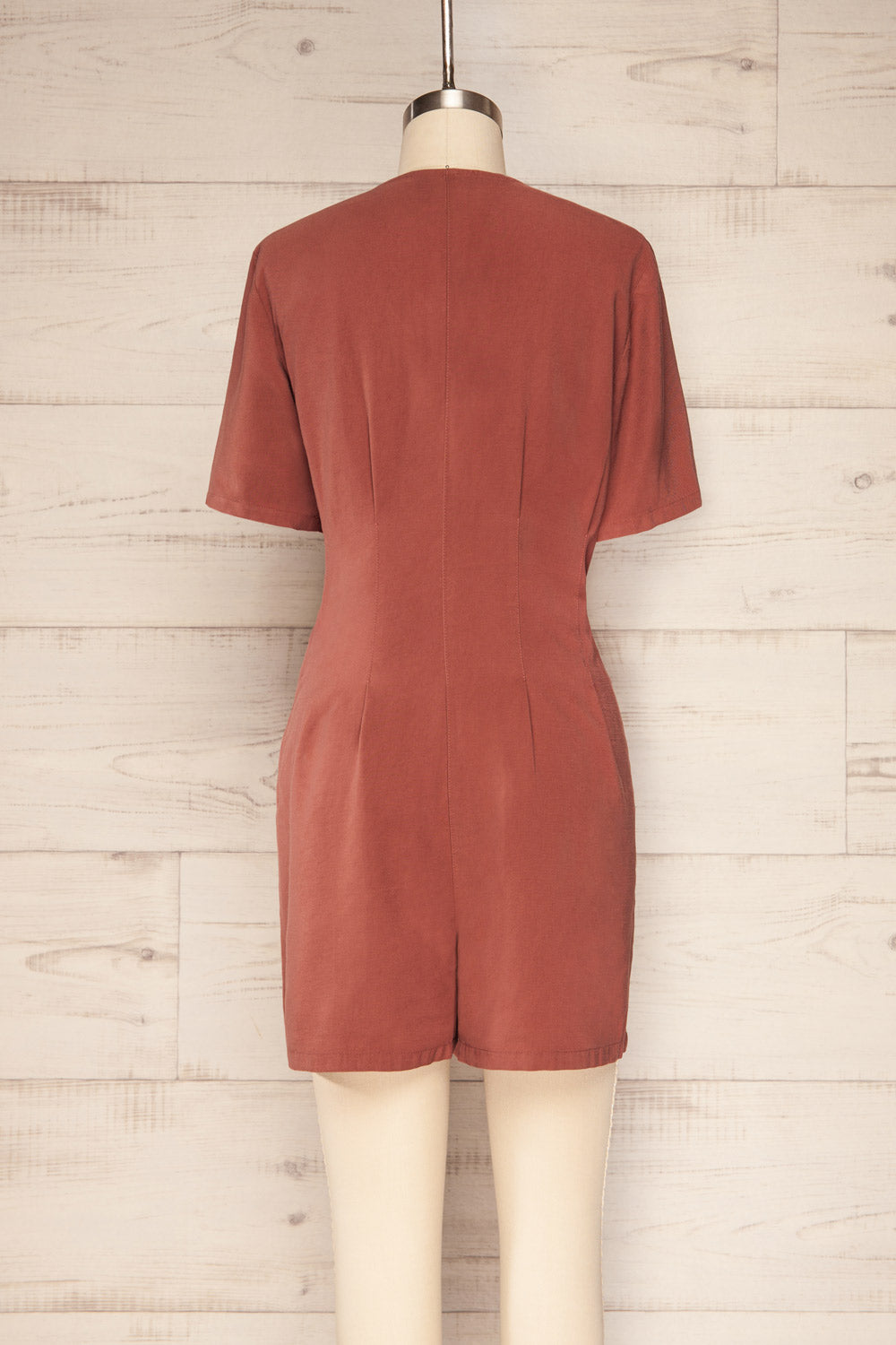 Izola Rust Orange Pleated Button-Up Romper | La petite garçonne back view