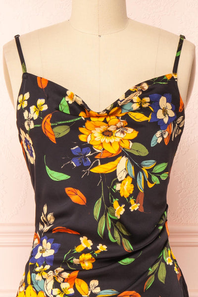 Jaelle Floral Print Cowl Neck Midi Dress w/ Side Slit | Boutique 1861 front close-up