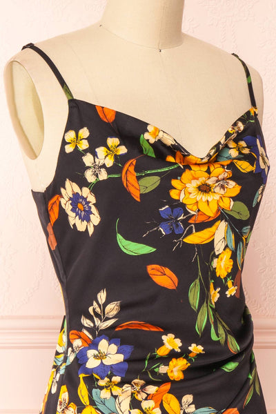 Jaelle Floral Print Cowl Neck Midi Dress w/ Side Slit | Boutique 1861 side close-up