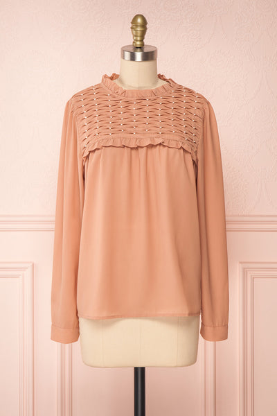 Jailene Blush Pink Chiffon Blouse with Pearls front view | Boutique 1861