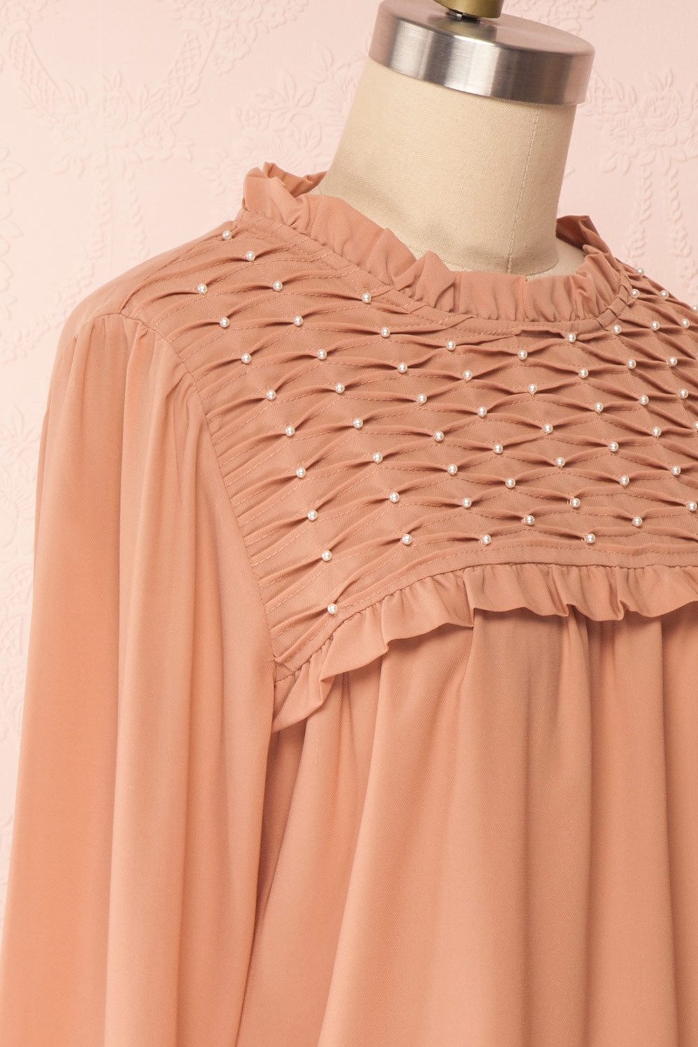 Jailene Blush Pink Chiffon Blouse with Pearls side close up | Boutique 1861