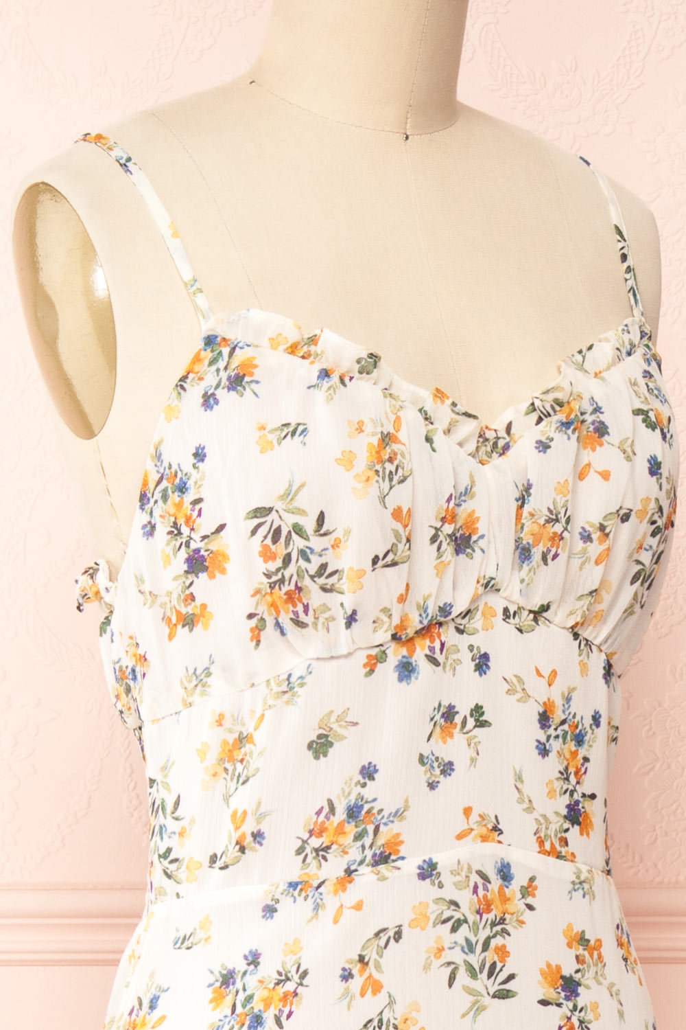 Janaina Floral Midi Dress w/ Ruffles | Boutique 1861 side close-up