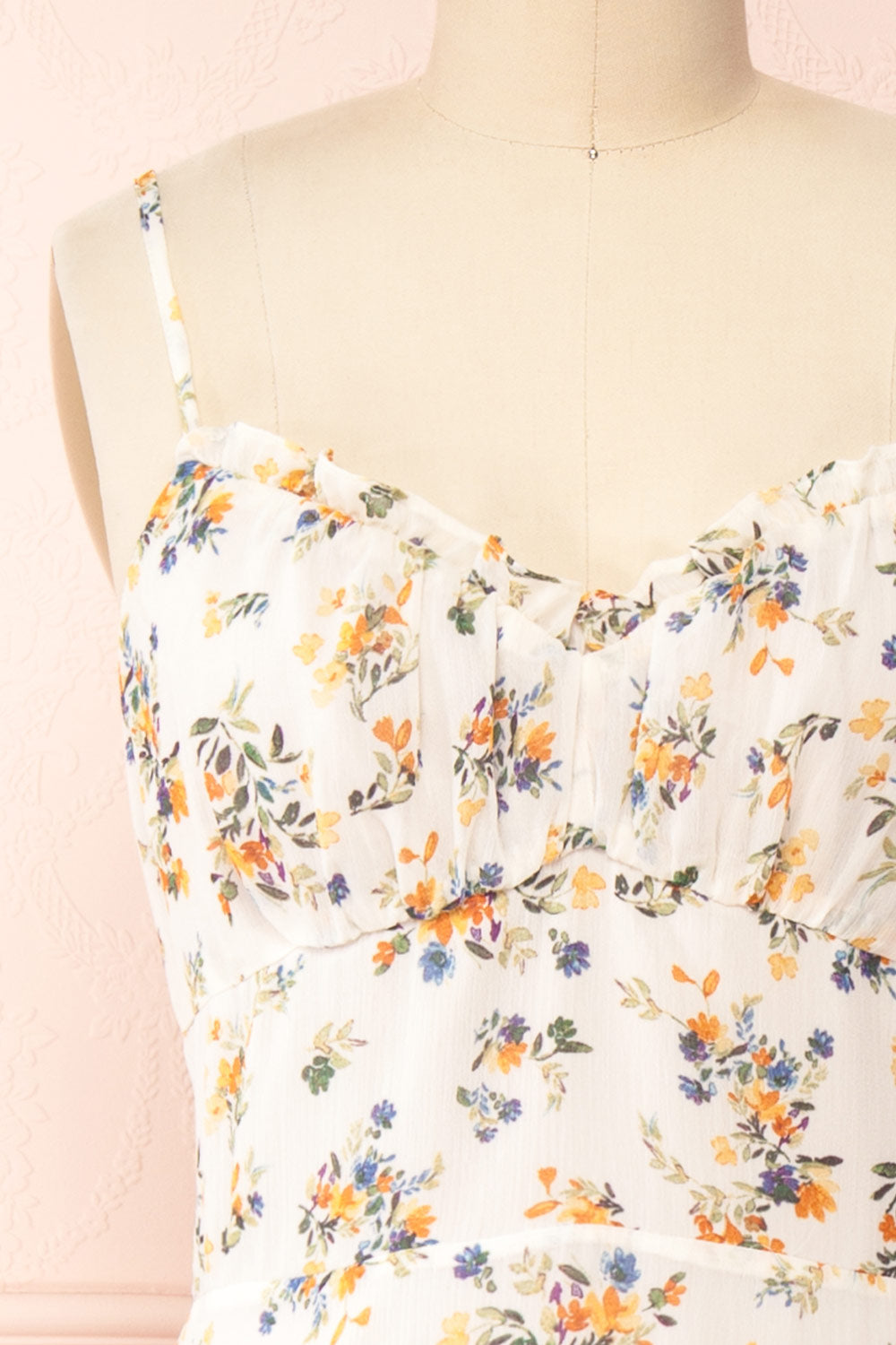 Janaina Floral Midi Dress w/ Ruffles | Boutique 1861 front close-up