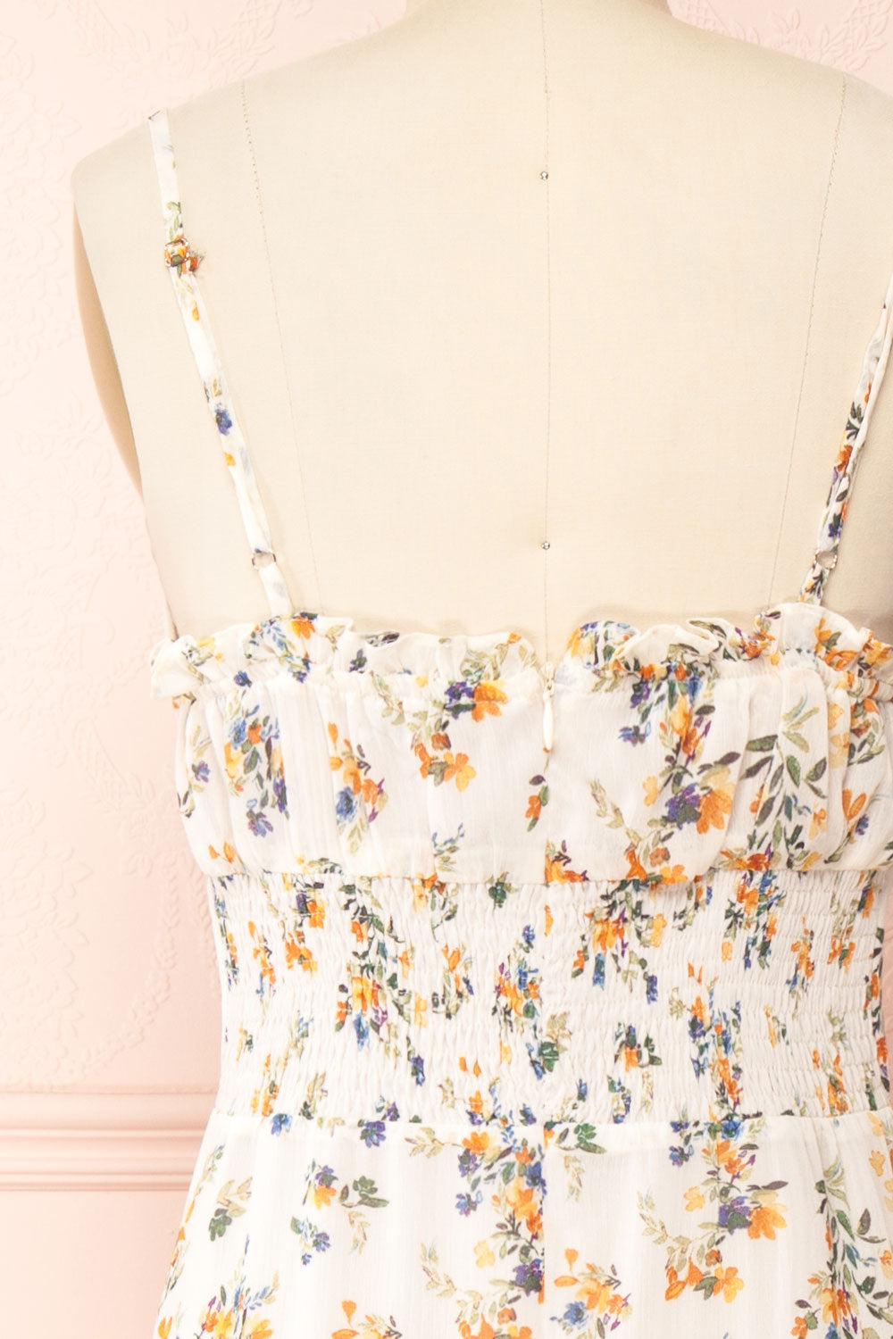 Janaina Floral Midi Dress w/ Ruffles | Boutique 1861 back cloes-up