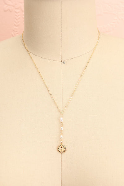 Janet Weiss Gold Necklace w/ Pearls and Bee Pendant | Boutique 1861 on mannequin