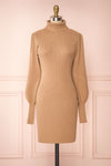 Janick Beige Ribbed Turtleneck Fitted Dress | Boutique 1861 front view