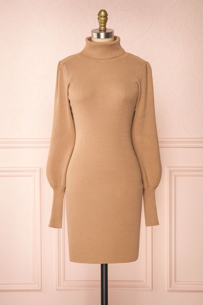 Janick Beige Ribbed Turtleneck Fitted Dress | Boutique 1861